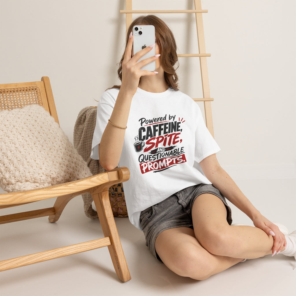Caffeine, Spite & Questionable Prompts Tee — Funny Coffee Lover Graphic T-Shirt