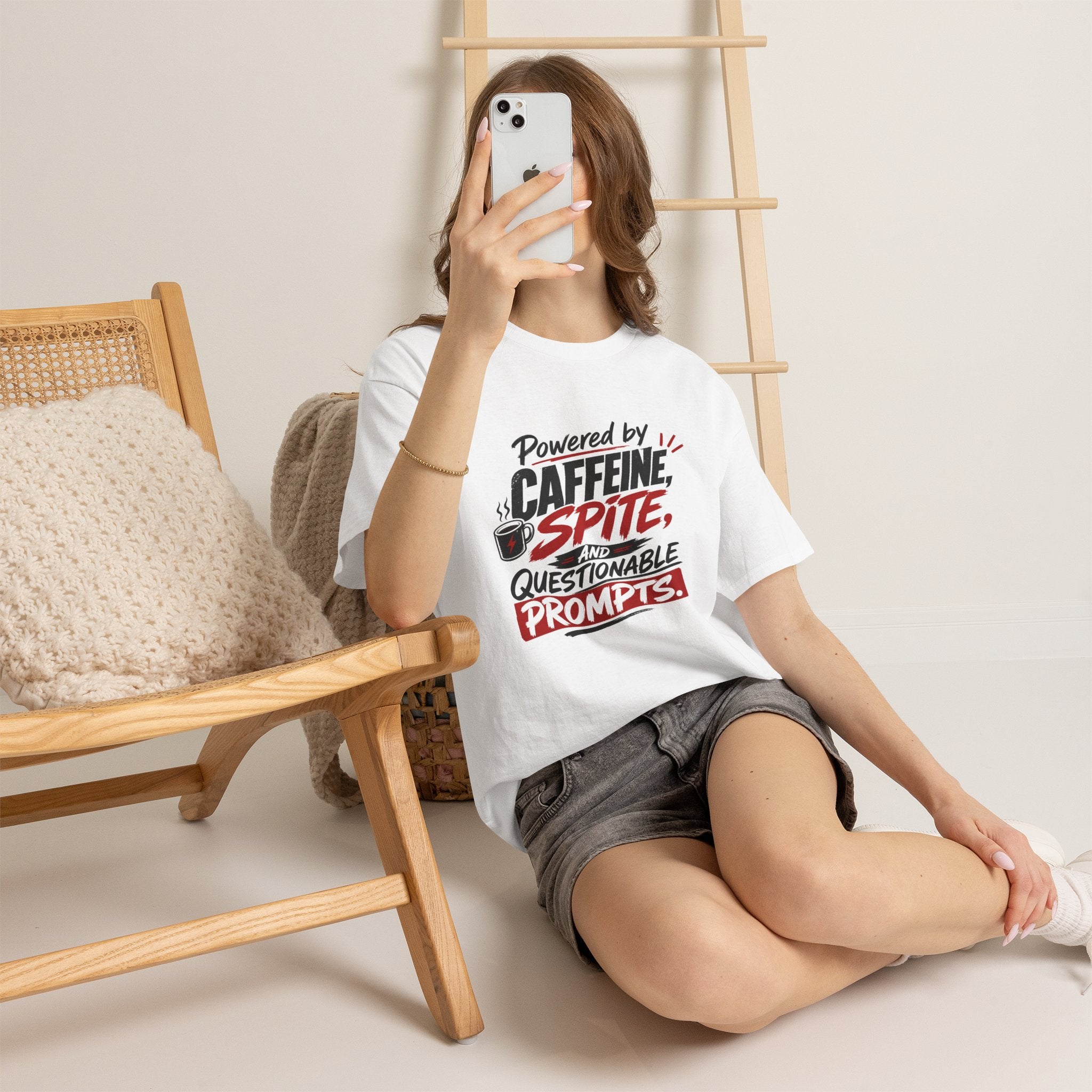 Caffeine, Spite & Questionable Prompts Tee — Funny Coffee Lover Graphic T-Shirt