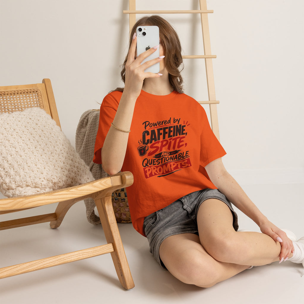 Caffeine, Spite & Questionable Prompts Tee — Funny Coffee Lover Graphic T-Shirt