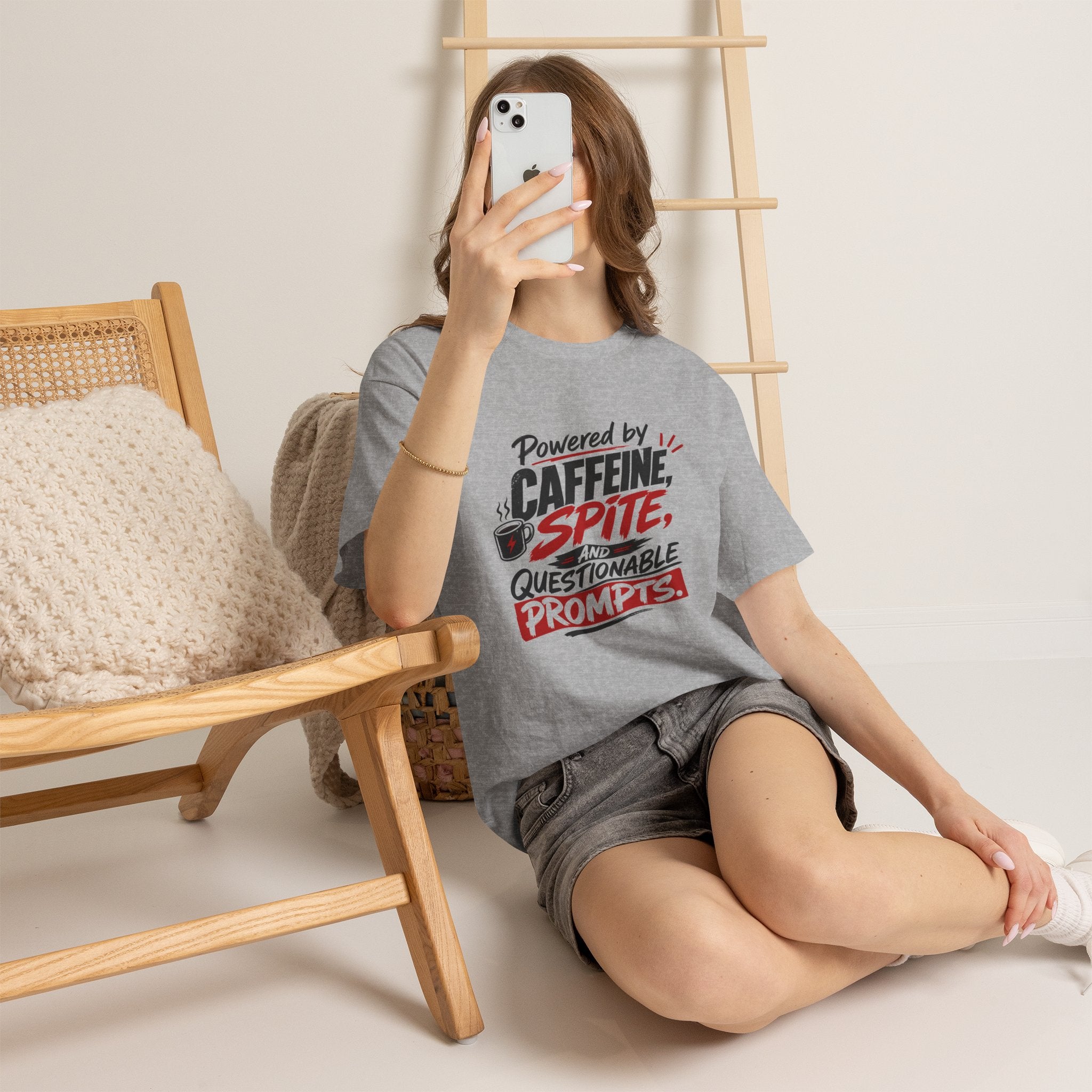 Caffeine, Spite & Questionable Prompts Tee — Funny Coffee Lover Graphic T-Shirt