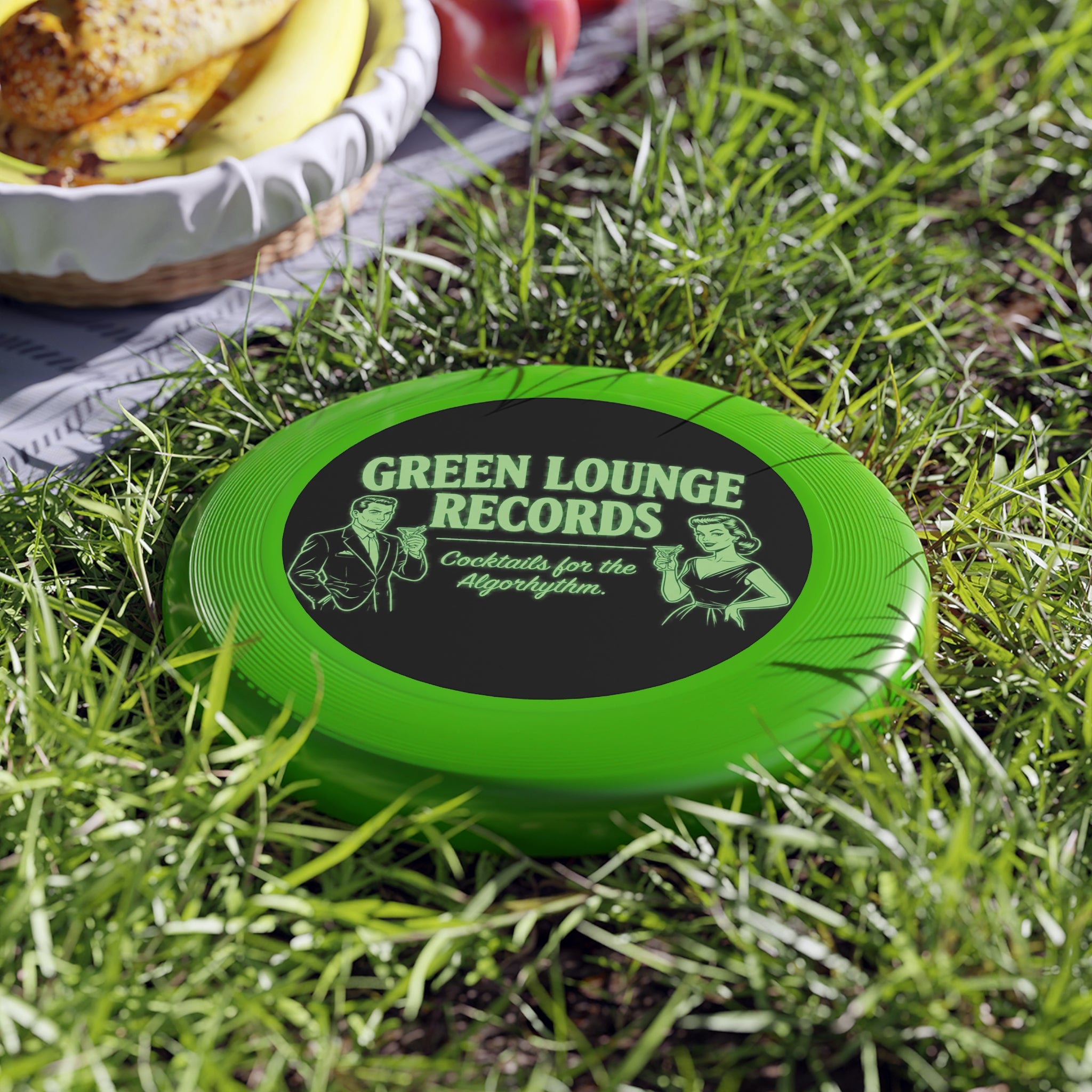 Green Lounge Records Wham‑O Frisbee – Retro Cocktail Lounge Logo Disc