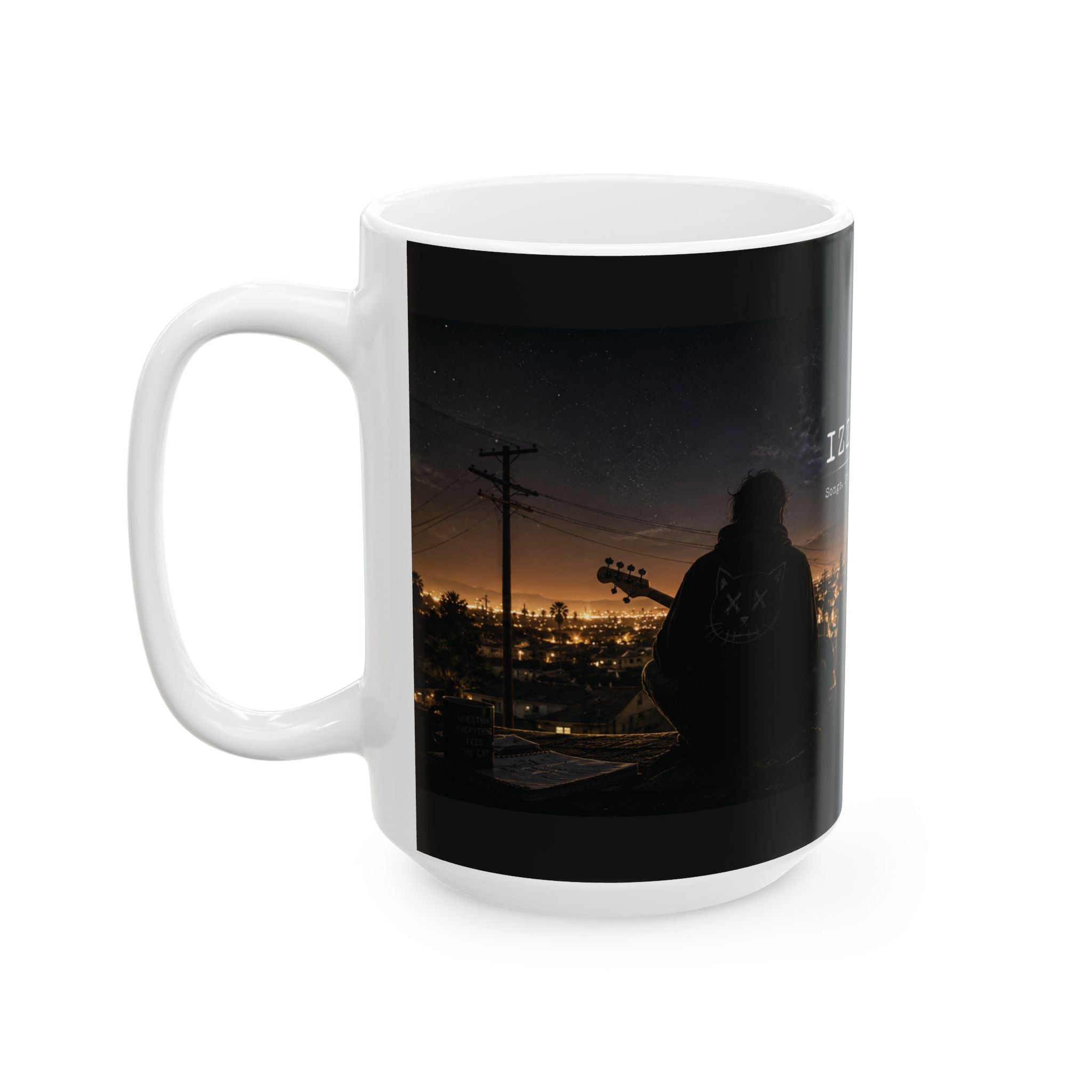 Night City Skyline Ceramic Mug — 'IZZyd3adyET' Urban Nightscape Coffee Cup (11oz/15oz)