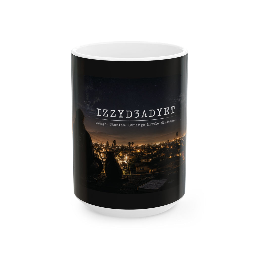 Night City Skyline Ceramic Mug — 'IZZyd3adyET' Urban Nightscape Coffee Cup (11oz/15oz)