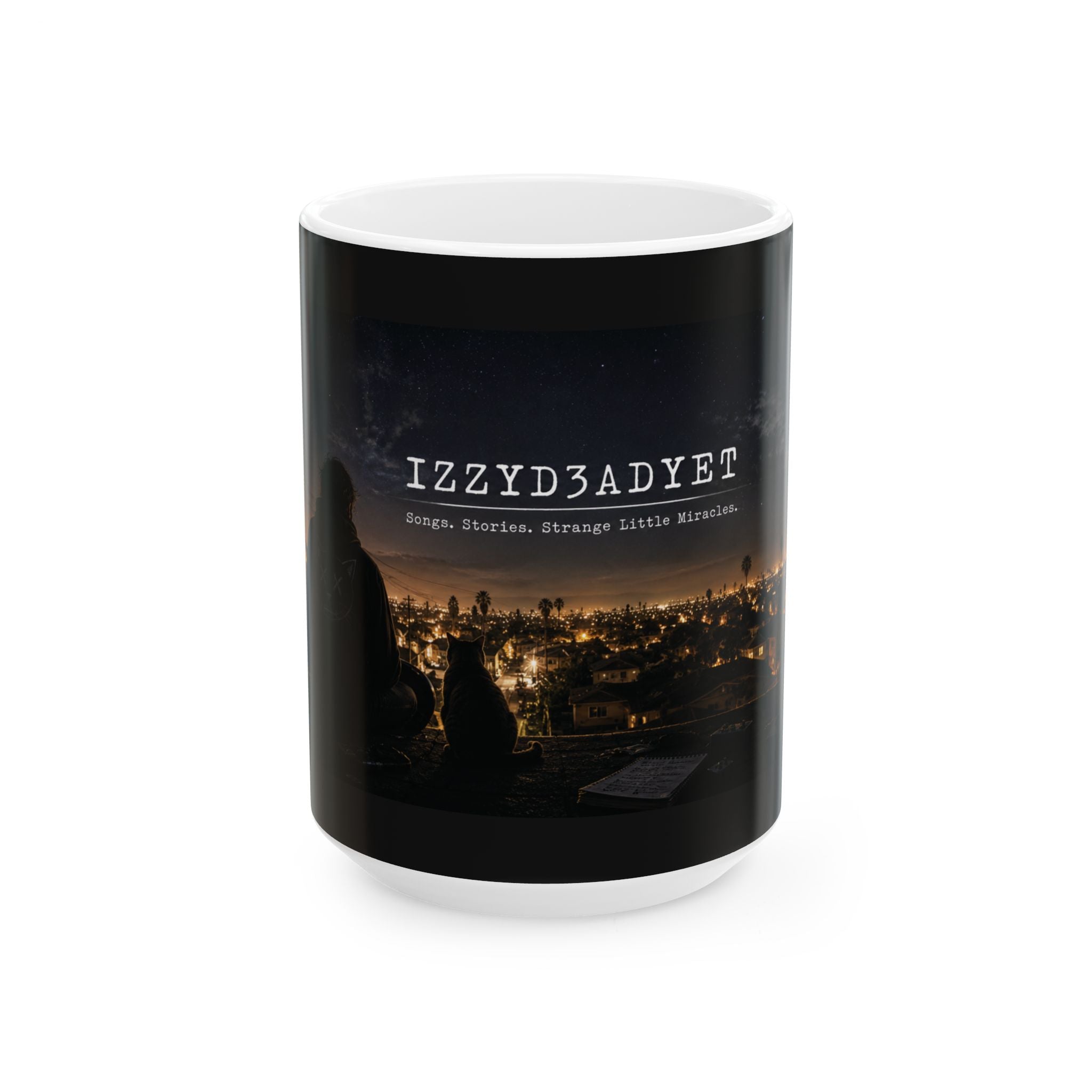 Night City Skyline Ceramic Mug — 'IZZyd3adyET' Urban Nightscape Coffee Cup (11oz/15oz)
