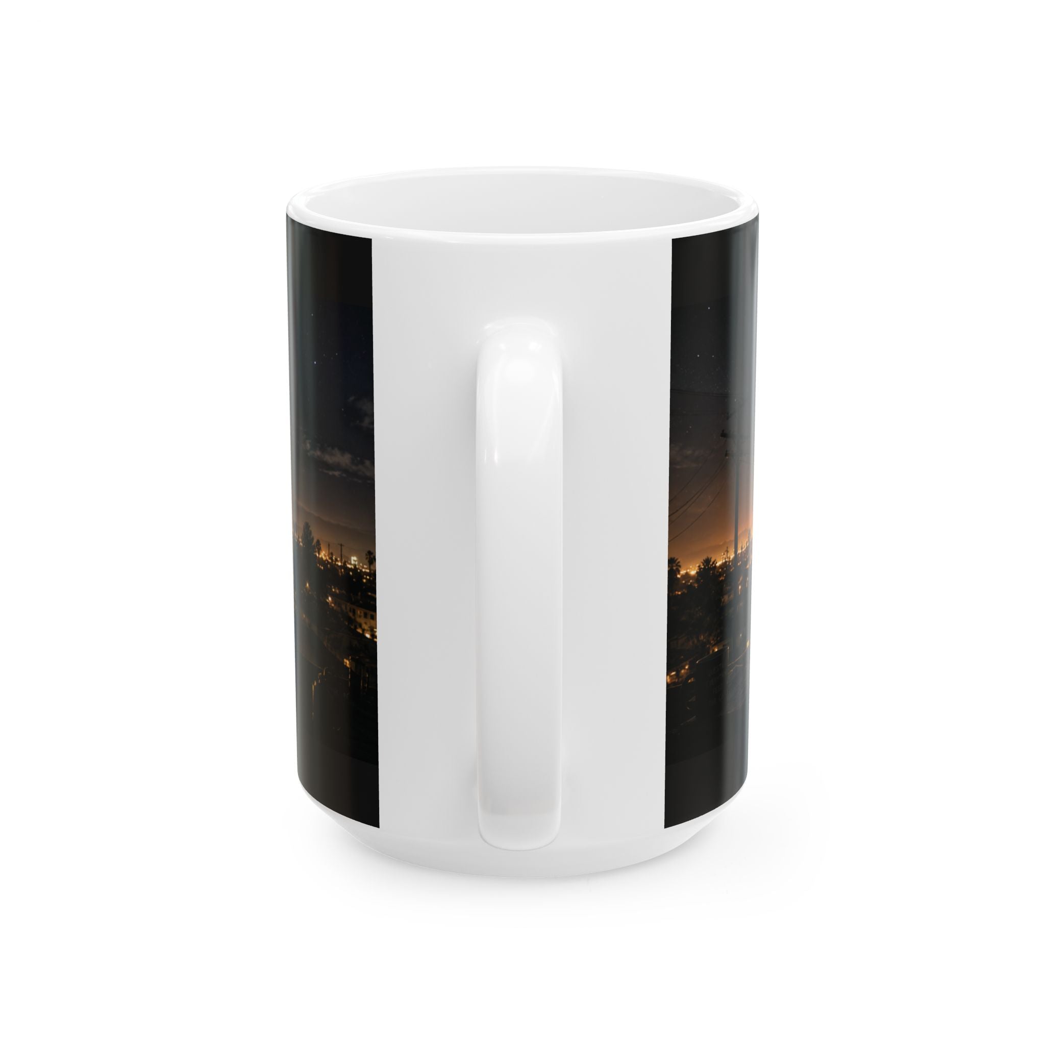 Night City Skyline Ceramic Mug — 'IZZyd3adyET' Urban Nightscape Coffee Cup (11oz/15oz)