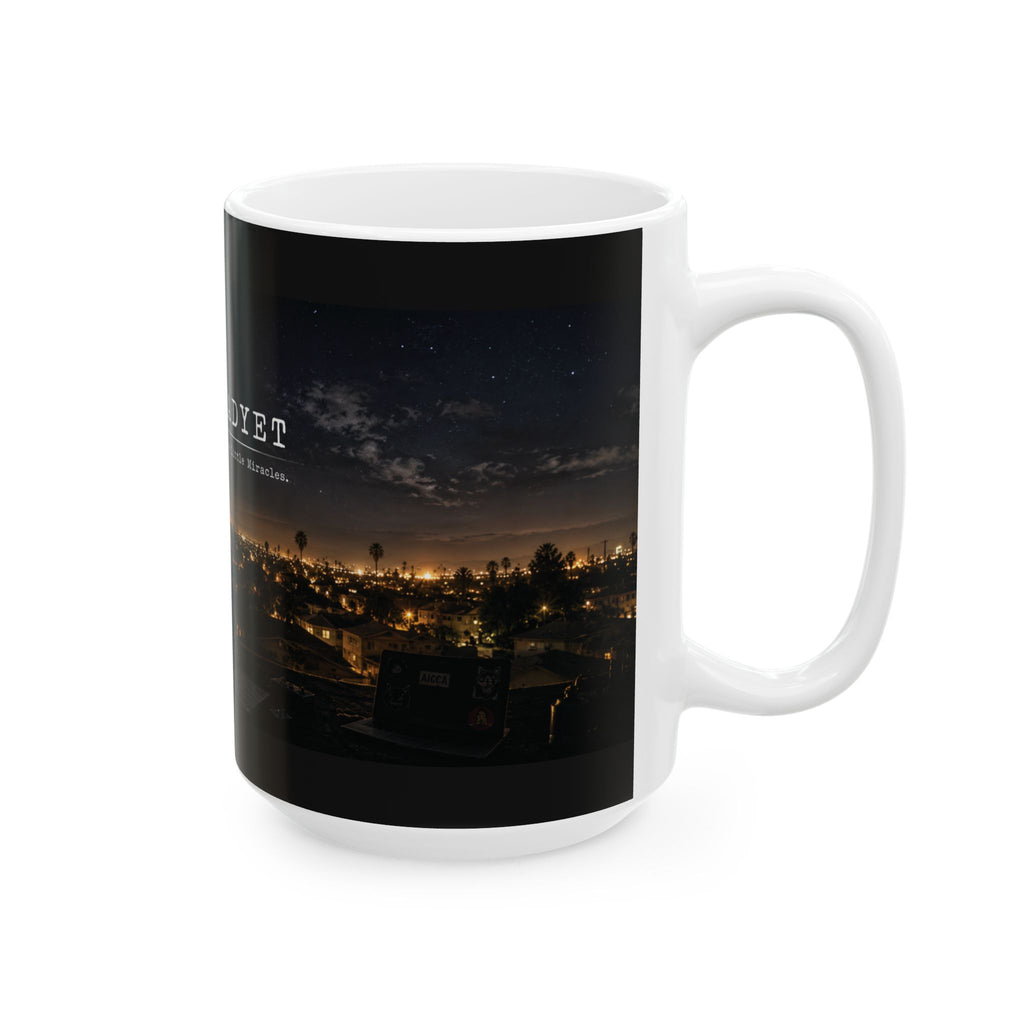 Night City Skyline Ceramic Mug — 'IZZyd3adyET' Urban Nightscape Coffee Cup (11oz/15oz)