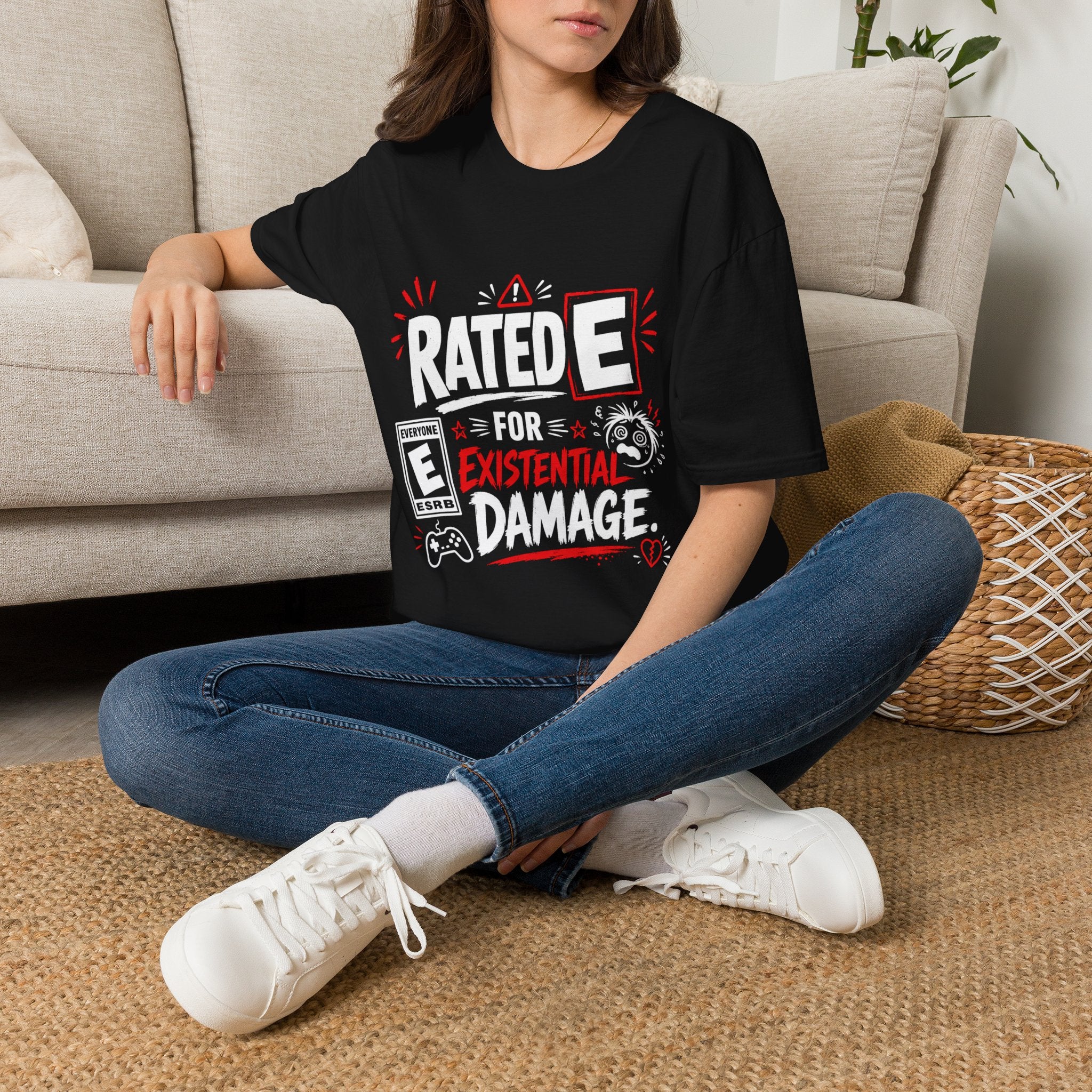 Graphic T-Shirt — "Rated E for Existential Damage" Funny Gamer Tee