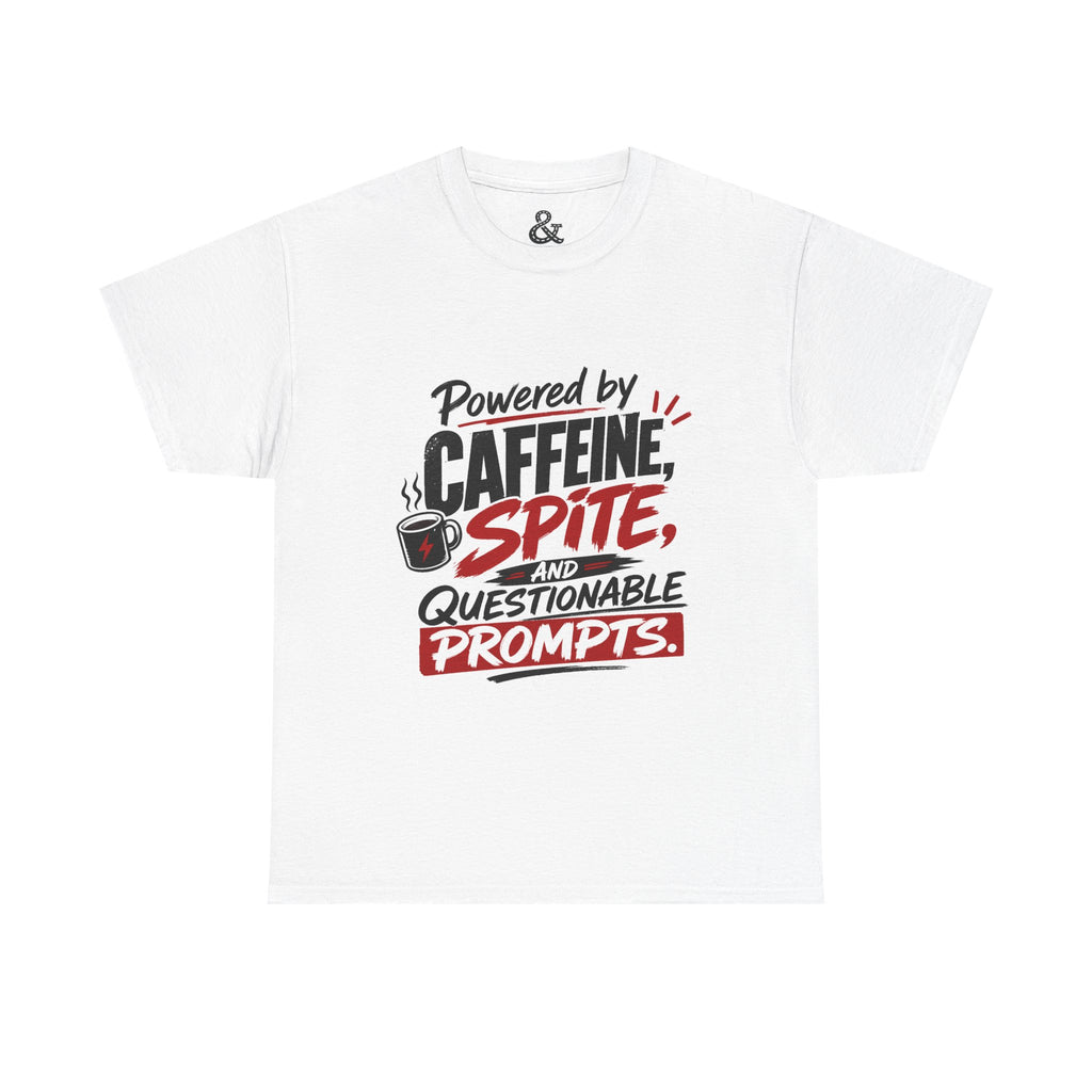 Caffeine, Spite & Questionable Prompts Tee — Funny Coffee Lover Graphic T-Shirt