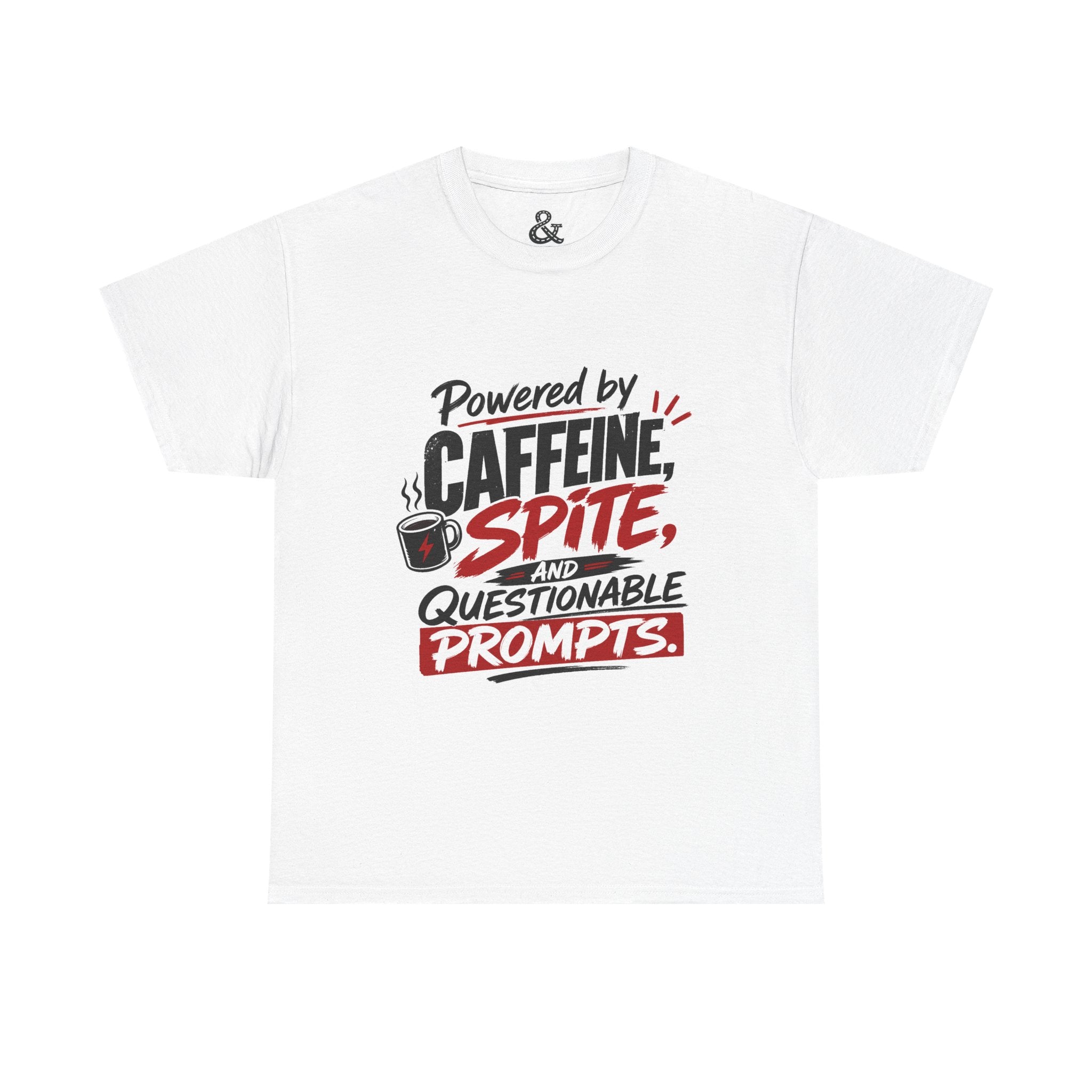 Caffeine, Spite & Questionable Prompts Tee — Funny Coffee Lover Graphic T-Shirt