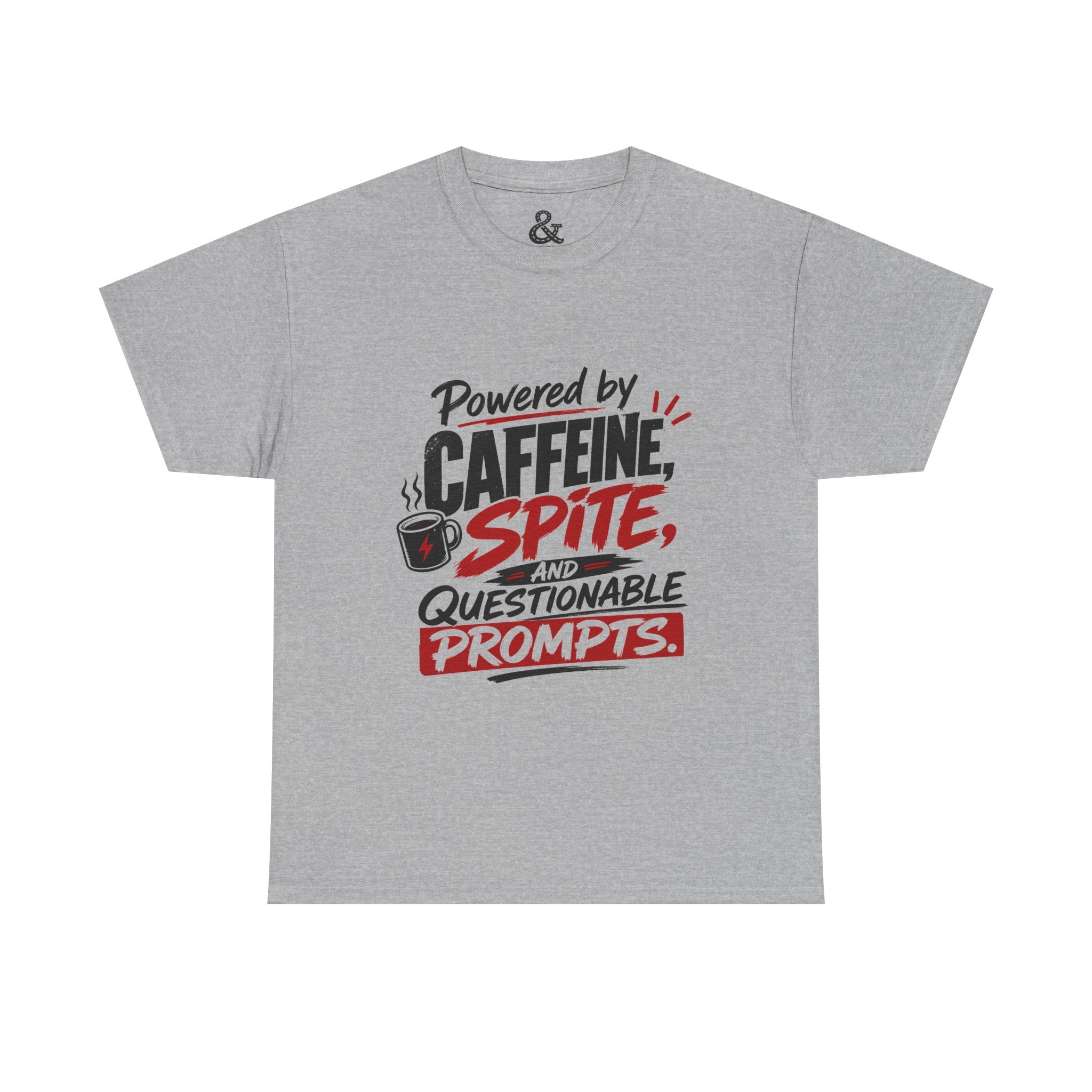 Caffeine, Spite & Questionable Prompts Tee — Funny Coffee Lover Graphic T-Shirt